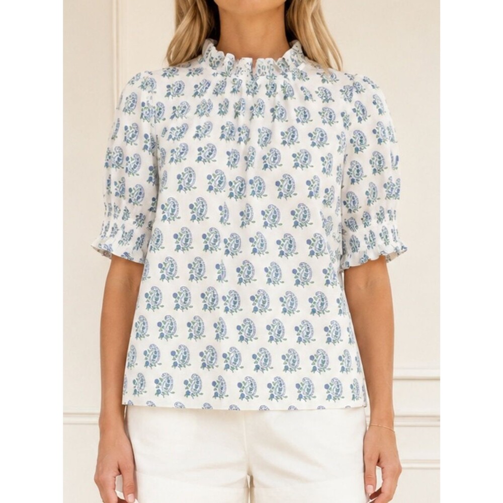 J. Crew x SZ Blockprints Paisley Puff Sleeve Top White Blue Organic Cotton Large